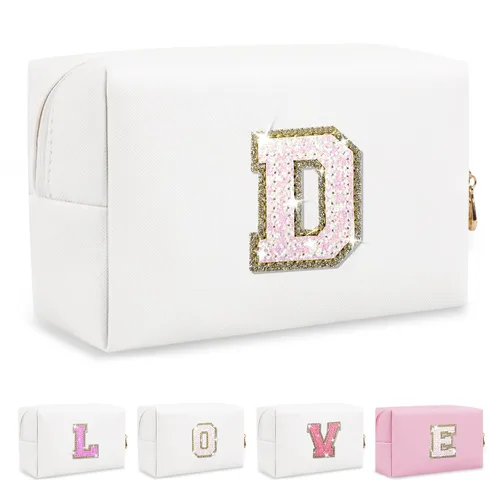 Miniatura 54 de Pequeña bolsa de maquillaje personalizada con inicial A-Z Preppy Patch, bolsa de cosméticos de viaje de felpilla blanca con cremallera, bonita bolsa