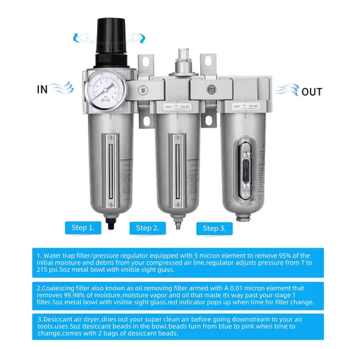 Miniatura 4 de NANPU 1/2" NPT Sistema de secado de aire de grado industrial de 3 etapas - Filtro de partículas, filtro coalescente, secador desecante y regulador