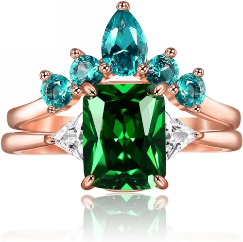 JIANGYUE Anillos apilables de circonita cúbica verde esmeralda para mujer, oro rosa, blanco, corona, juego de anillos de boda, joyería para el día