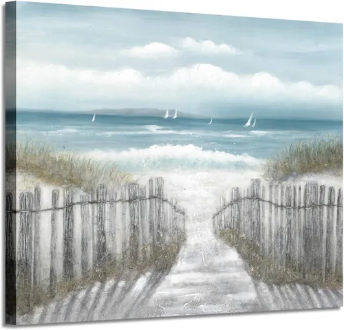 Miniatura 10 de Lienzo decorativo para pared, camino de playa: camino de arena con pintura de valla a la costa, impresiones artísticas para baño