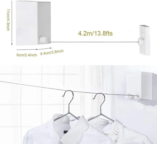 Miniatura 2 de Youngine Tendedero retráctil para interiores y exteriores, para colgar en la pared, con cuerda de acero de 13.8 pies, colgador de cuerda ajustable