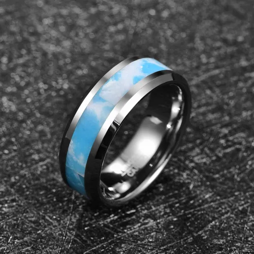 Miniatura 2 de MEILING LINGMEI Mens Tungsten Rings 8mm Blue and White Artificial Stone Inlay Wedding Bands Comfort Fit Size 7-12