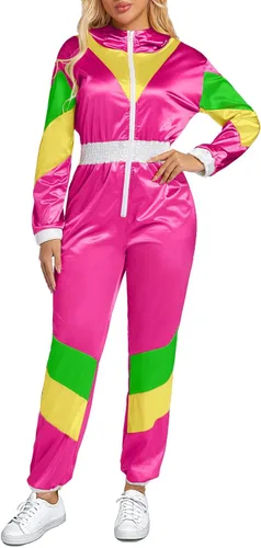 Miniatura 8 de Yisfri Traje retro de una pieza con bloques de color para mujer, traje retro de los años 80 con cintura elástica con capucha