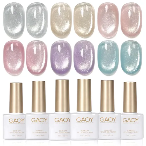 Miniatura 14 de GAOY Juego de esmaltes de uñas de gel con purpurina de ojo de gato con imán y galaxia colorida para ojos de gato holográficos, manicura de gel