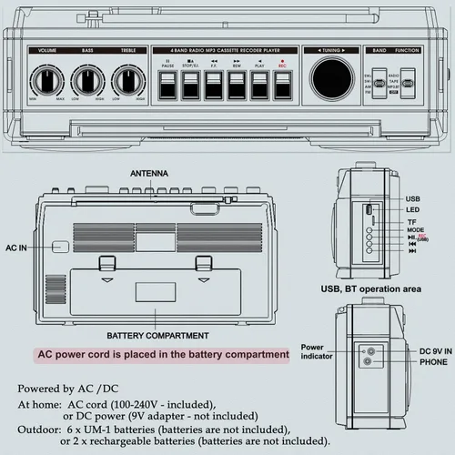 Miniatura 7 de Boombox portátil estilo retro clásico de los años 80 con reproductor grabador de casete, radio AM/FM/SW1/SW2, Bluetooth, ranuras USB/Micro SD