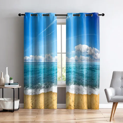Miniatura 27 de Renaiss Cortinas opacas con diseño de mar tropical, nublado, cielo azul y verde azulado, estrella de mar transparente en playa arenosa, sala