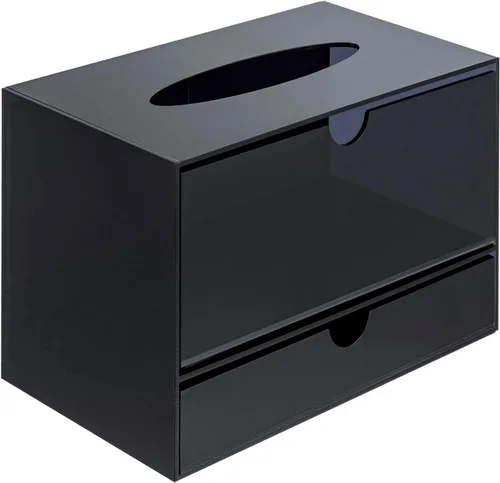Miniatura 4 de MyGift Organizador de cosméticos de acrílico negro premium y cubierta de caja de pañuelos con cajón de almacenamiento de maquillaje extraíble