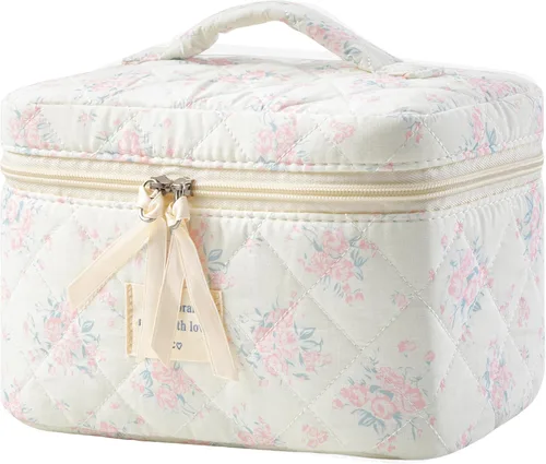 Miniatura 21 de HBselect Bolsa de Maquillaje Acolchada, Bolsa de Maquillaje Grande de Algodón para Viaje, Lindas Bolsas de Maquillaje con Flores Coquette, Bolsas