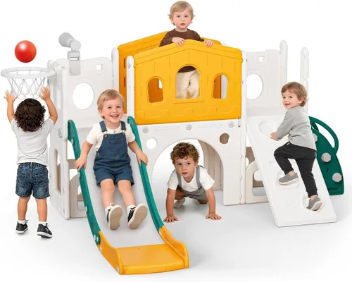 Miniatura 11 de Juego de Tobogán para Niños con Aro de Baloncesto y Telescopio, Tobogán Interior y Exterior para Niños Pequeños y Escalador para Niños y Niñas, Gris
