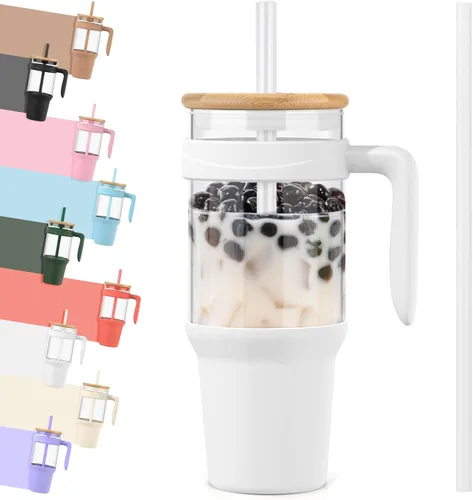Miniatura 20 de Tronco Vaso de vidrio de 32 onzas con popote y tapa, tapa con popote 2 en 1 a prueba de fugas, botellas de agua de vidrio con asa, apto para Rosa
