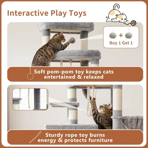 Miniatura 9 de Heybly Árbol para gatos, torre aerodinámica de 74 pulgadas para gatos grandes con condominios apilados de 3 niveles, muebles para gatos con percha