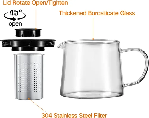 Miniatura 3 de Tetera de vidrio de 51 oz/50.7 fl oz con infusor de acero inoxidable extraíble, tetera de vidrio de borosilicato resistente al calor, hervidor de té
