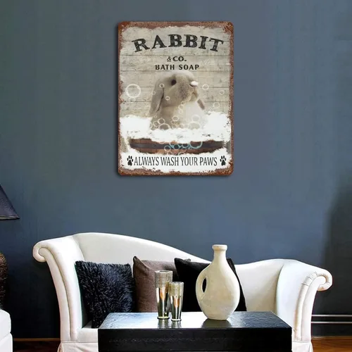 Miniatura 3 de Plato colgante de hierro vintage con diseño de conejo y jabón de baño de metal, letrero de lata de «Wash Your Paws», divertido letrero de conejo