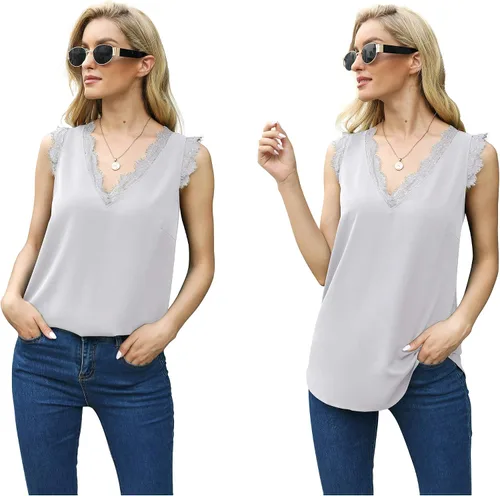 Miniatura 206 de VIISHOW - Camiseta sin mangas, sexy, con cuello en V y bordes de encaje para mujer, camisola de vestir, camisas de gasa, sin mangas, casuales