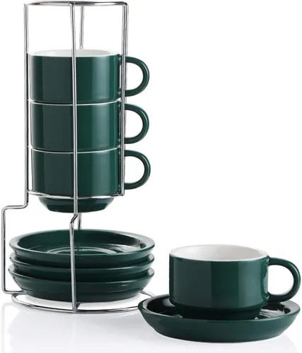 Miniatura 11 de Sweejar - Tazas de café de porcelana con platillos, tazas de capuchino apilables de 4 onzas con soporte de metal para bebidas de café, café
