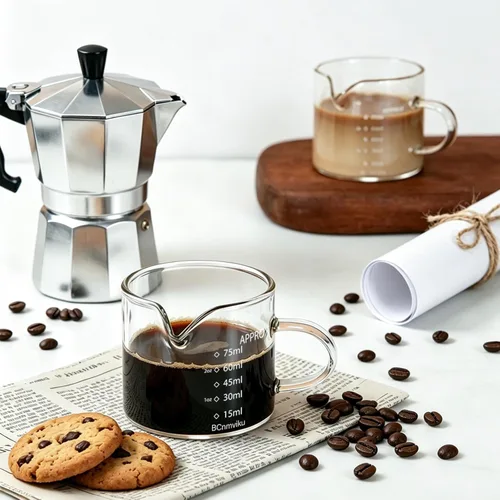 Miniatura 5 de BCnmviku Paquete de 2 Tazas Medidoras de Vidrio para Espresso Jarra Triple Taza de Leche 75ML Tazas de Espresso con Asa Vaso de Chupito con Boca