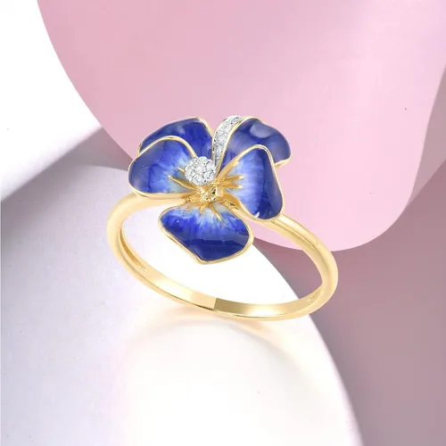 Miniatura 3 de Santuzza Anillo de diamante genuino de flor esmaltada de oro sólido amarillo de 10 quilates para mujer