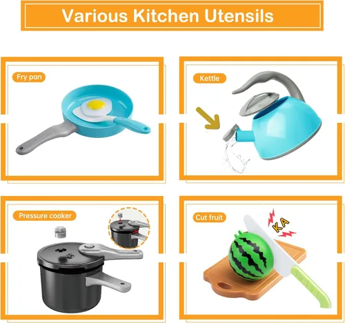 Miniatura 4 de Juego de cocina de 130 piezas, ollas de juego de cocina para niños pequeños, sartenes, utensilios, utensilios de cocina, alimentos diarios, frutas