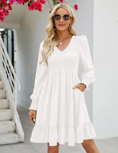 Miniatura 2 de Shermia Vestido de manga larga con cuello en V para mujer, vestidos fruncidos de gasa, mini vestido babydoll con bolsillos