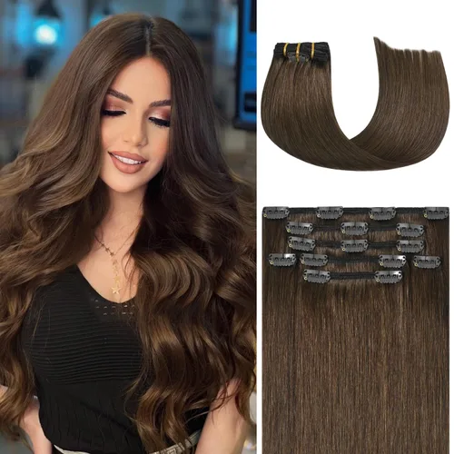 Miniatura 11 de Honsoo Extensiones de cabello humano real de color marrón con pinzas, marrón castaño, 15 pulgadas, 70 g, 7 unidades, cabello lacio sedoso y marrón