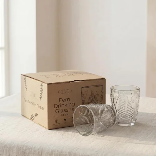 Miniatura 5 de Juego de 4 vasos vintage de vidrio transparente prensado a mano de 10 onzas, cristalería retro en relieve de helecho, vasos texturizados para agua