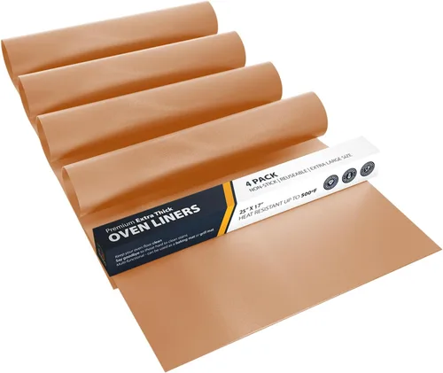 Revestimientos de horno para la parte inferior del horno, paquete de 4 alfombrillas grandes y resistentes, 17 x 25 pulgadas, antiadherentes, Cobre
