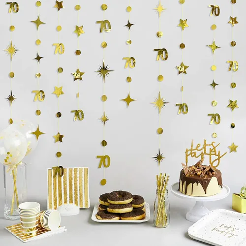 Miniatura 4 de Decoraciones doradas de cumpleaños número 70, guirnalda de estrellas centelleantes con el número 70, guirnalda metálica para colgar en banderines