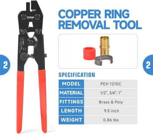 Miniatura 3 de iCRIMP ICP-1234AH Kit de Herramientas de Crimpado PEX - Anillos de Crimpado de Cobre de 1/2 pulgada y 3/4 pulgada, Crimpadora de Doble