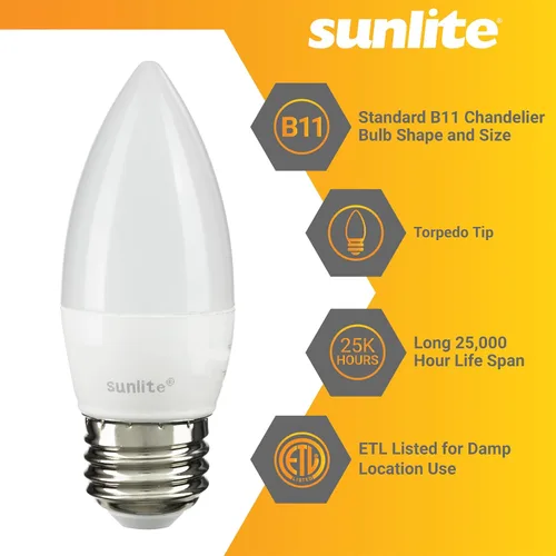Miniatura 3 de Sunlite Bombilla LED B13 Torpedo decorativa, 7 vatios (60 W = ), 500 lúmenes, 120 voltios, regulable, base E26, certificación ETL, torpedo