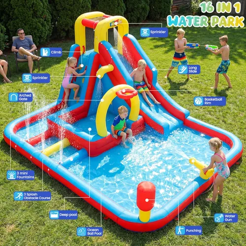 Miniatura 4 de Whubefy Toboganes acuáticos inflables para el patio trasero de los niños (con 450 sopladores, 6 juguetes)