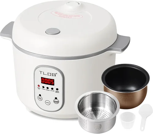 TLOG Arrocera baja en carbohidratos 2L (8 tazas cocidas), arrocera saludable baja en azúcar con cesta de vapor de acero inoxidable 304, 5 preajustes