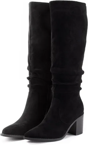 Miniatura 3 de Athlefit Botas de tacón alto y grueso para mujer, botas de gamuza sintética con puntera puntiaguda y cremallera lateral