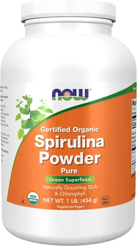 NOW Suplementos, orgánico certificado, polvo de espirulina, rico en betacaroteno (vitamina A) y B-12 con GLA y clorofila naturales, 1 libra