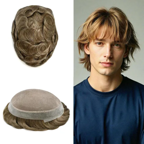 Miniatura 44 de Tupé para hombres, piezas de cabello humano real, sistema de unidades de cabello natural, línea capilar natural, pieza de repuesto para hombres