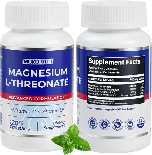 Magnesio L-treonato de vitamina C y D3, 120 cápsulas | Magnesio de alta absorción para la salud cerebral, la concentración, la calma y el sueño |
