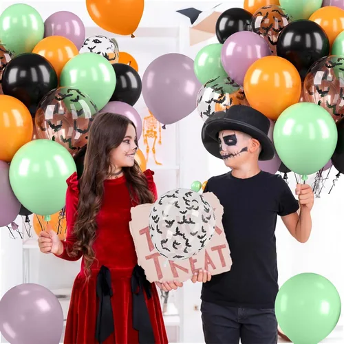 Miniatura 6 de 50 globos de Halloween, globos de 12 pulgadas, globos morados negros y anaranjados de 12 pulgadas, globos de confeti de murciélago, globos de látex