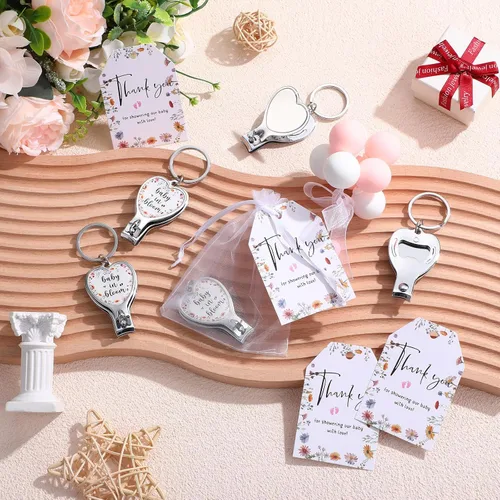 Miniatura 5 de Wesiti 25 juegos de llaveros para baby shower para invitados Baby in Bloom con cortaúñas y abridor de botellas, tarjeta de agradecimiento y bolsa