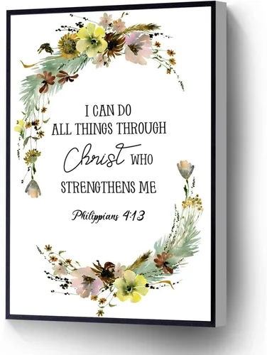 Lienzo impreso de Filipenses 4 y 13 con texto en inglés "I Can Do All Things Through Christ Who Strengthens Me", versículo bíblico, póster listo