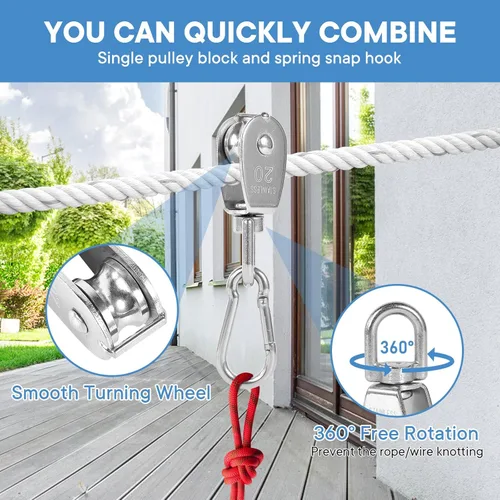Miniatura 2 de 6 unidades de bloque de polea simple M20 de acero inoxidable 304, rueda de remolque con cable colgante, con 6 ganchos de resorte de enganche rápido
