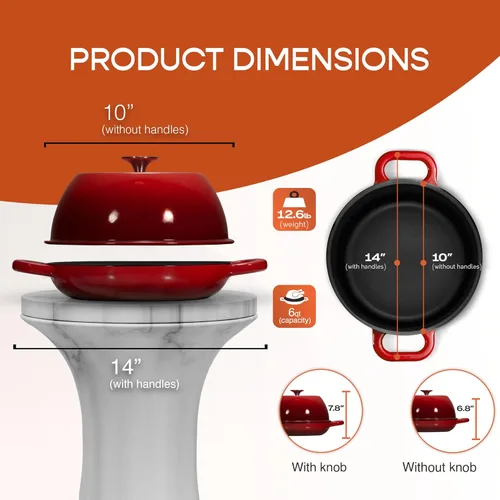 Miniatura 9 de Krustic Horno holandés de hierro fundido esmaltado para hornear pan de masa madre, olla de 6 cuartos de galón con tapa, juego de utensilios de Rojo