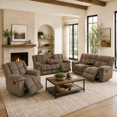Miniatura 8 de Juego de sofá reclinable seccional con almacenamiento, juegos de muebles de pana para sala de estar, juego de sofá reclinable con portavasos, Beige