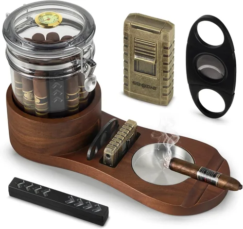 Miniatura 7 de Set de humidificador de puros y cenicero SEMKONT, bandeja de madera con frasco humidificador de acrílico, soporte para cortador, cajón, ranura