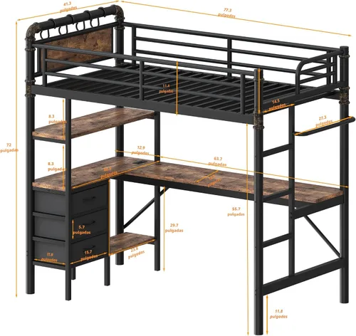 Miniatura 2 de Cama tipo loft de tamaño individual con escritorio en forma de L, luces LED, estación de carga, marco de cama de metal industrial resistente con 3