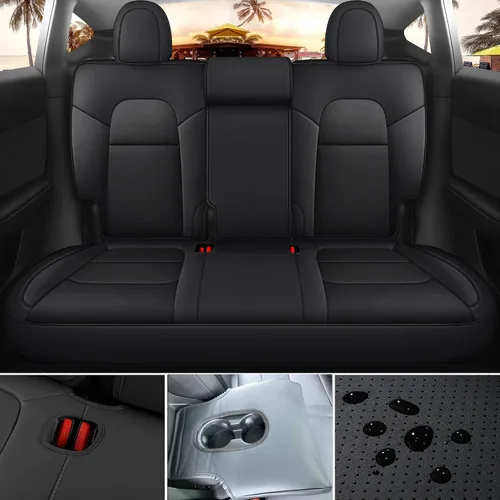 Miniatura 4 de Fundas de Asiento Negras para Tesla Model Y, Funda de Asiento de Coche Tesla de 12 Piezas, Impermeable, Cuero Nappa, Totalmente Envueltas, Negro