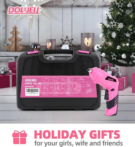 Miniatura 7 de Juego de herramientas de 143 piezas rosa para propietario de casa con destornillador inalámbrico de 3.6 V, kit de herramientas manuales