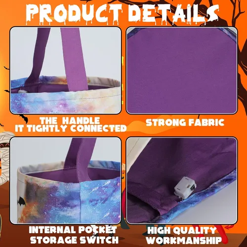 Miniatura 6 de Teling 6 bolsas de dulces de calabaza con luces LED para Halloween con luces LED para Halloween, bolsa de regalo reutilizable para suministros
