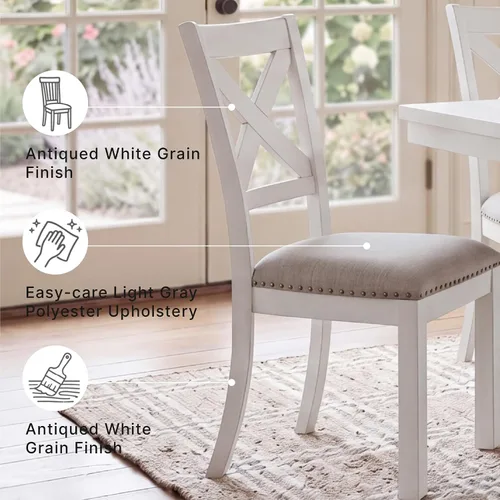 Miniatura 4 de Signature Design by Ashley Robbinsdale - Silla de comedor tapizada casual de madera maciza con ribete de cabeza de clavo, juego de 2, blanco y gris
