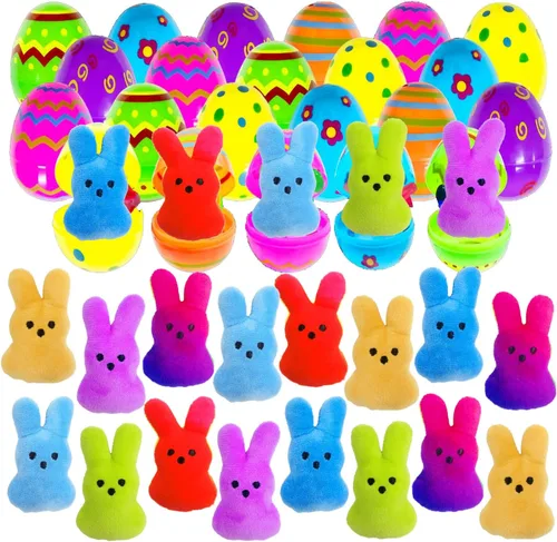 24 piezas de huevos de Pascua prellenados con conejito de peluche, juguetes de animales para decoración de llavero, juguete de peluche ideal para