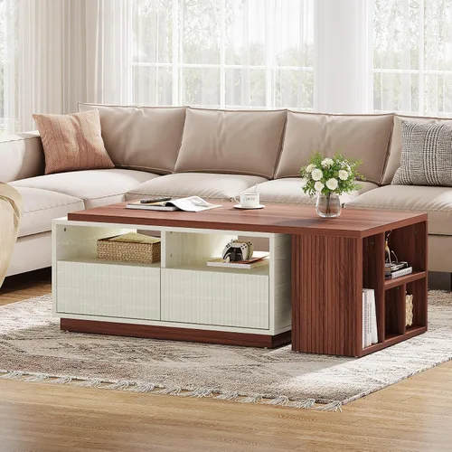 Miniatura 8 de Tribesigns Mesa auxiliar extensible con 2 cajones de almacenamiento, mesa reversible para sala de estar con estantes y parte superior ajustable