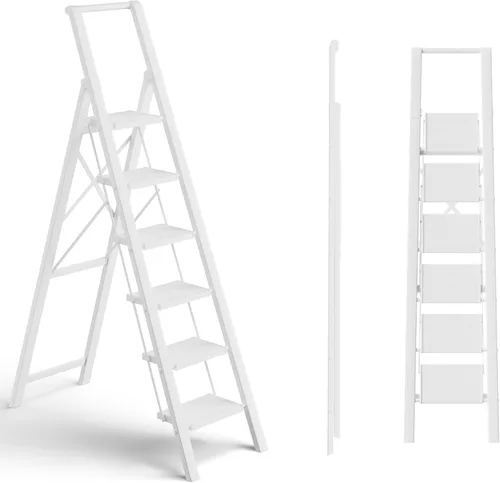 SOLADDER Escalera de 6 escalones, taburete plegable con mango y pedal ancho antideslizante, escalera de escalera portátil de aluminio ligero para